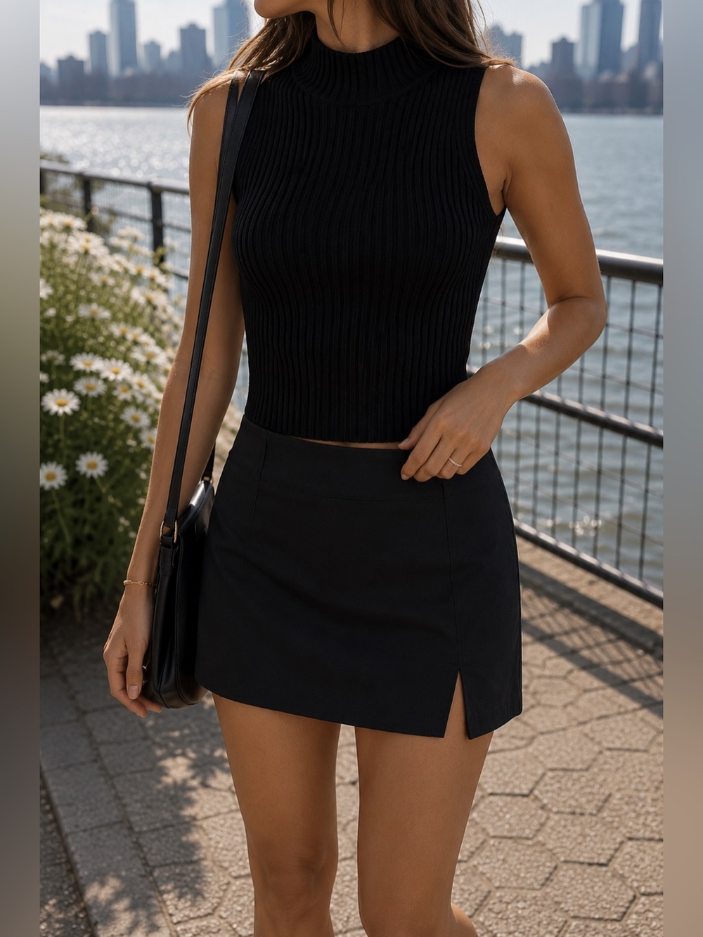 H&M Black Ribbed Sleeveless Mock-Neck Tank